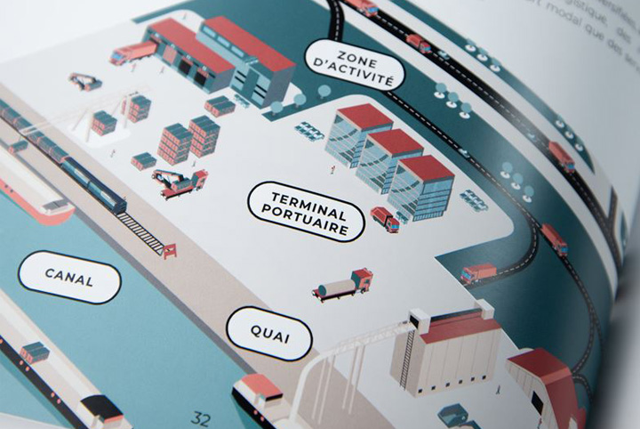 Illustrated isometricmap of the Canal Seine-Nord Europe by Atelier Cartographik
