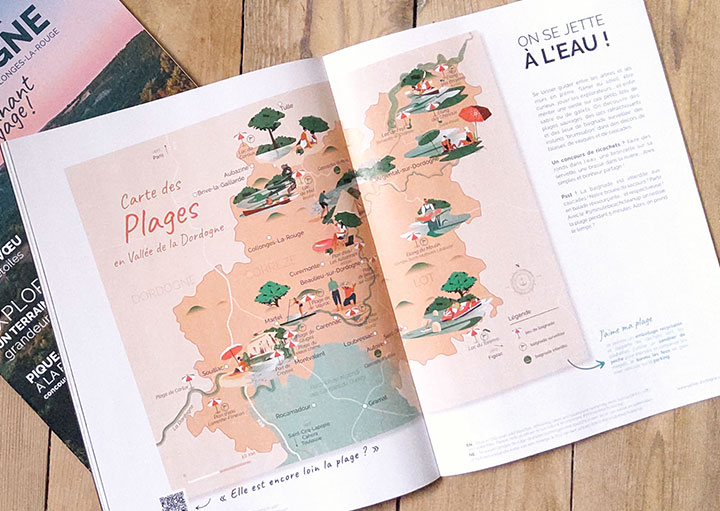 Touristic Illustrated map, Valley's Dordogne map, the beach of Dordogne, L'Atelier Cartographik
