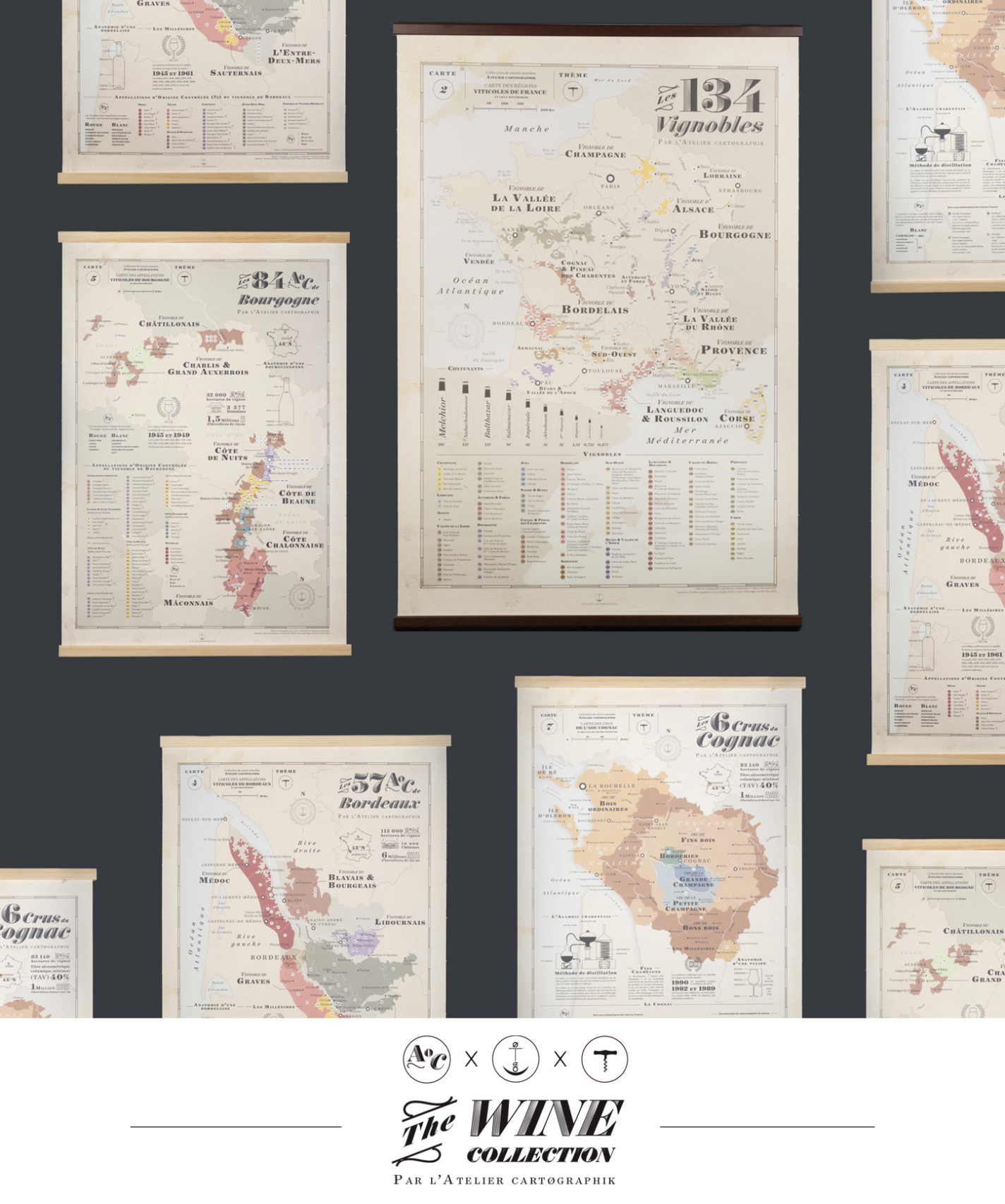 Wines map collection, poster, art direction, France wine map, Burgundy wine map, Bordeaux wine map